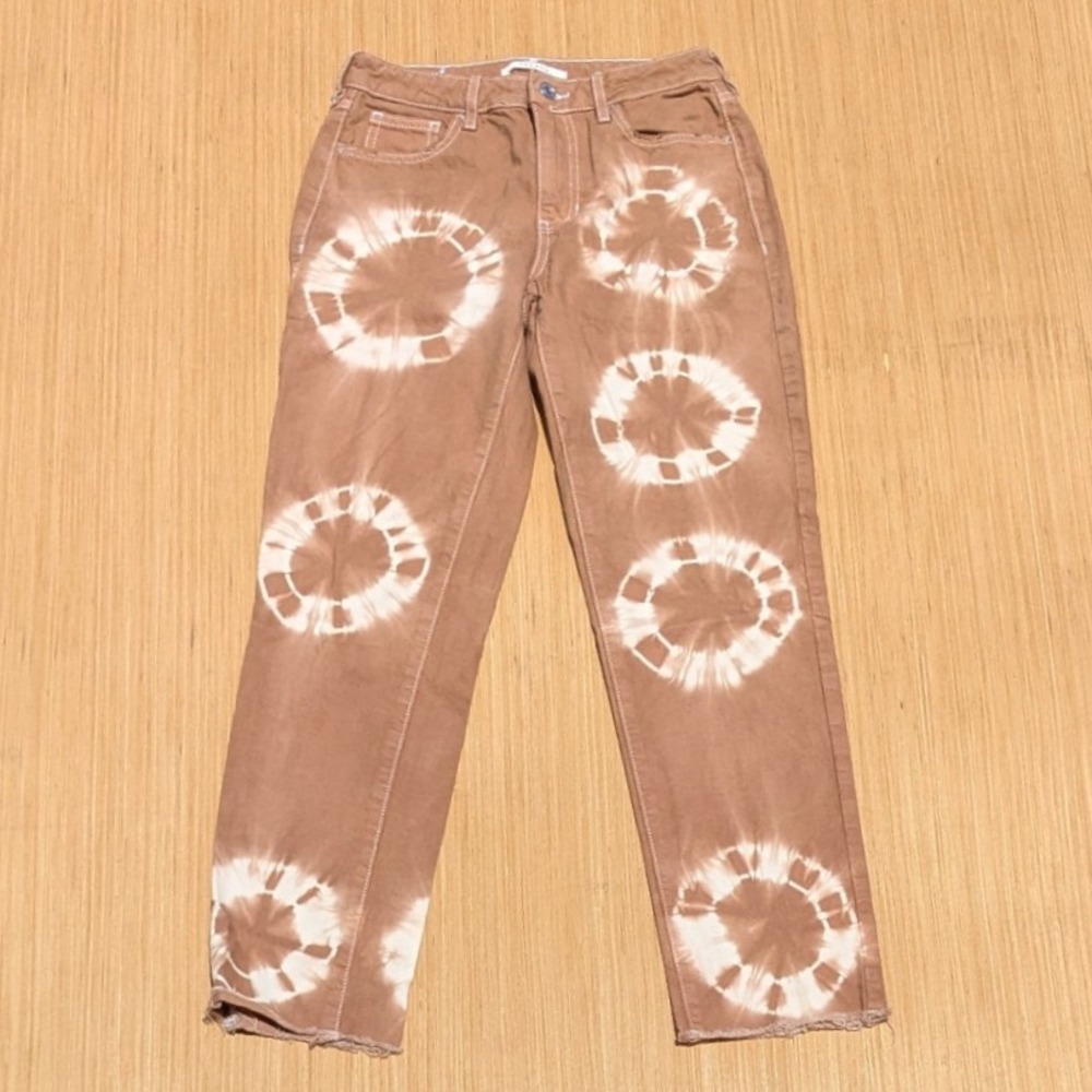 Pacsun Jeans Eco Tan Tie Dye Boho Hippie High Waist Raw Hem Mom Jeans 24 - Picture 1 of 7
